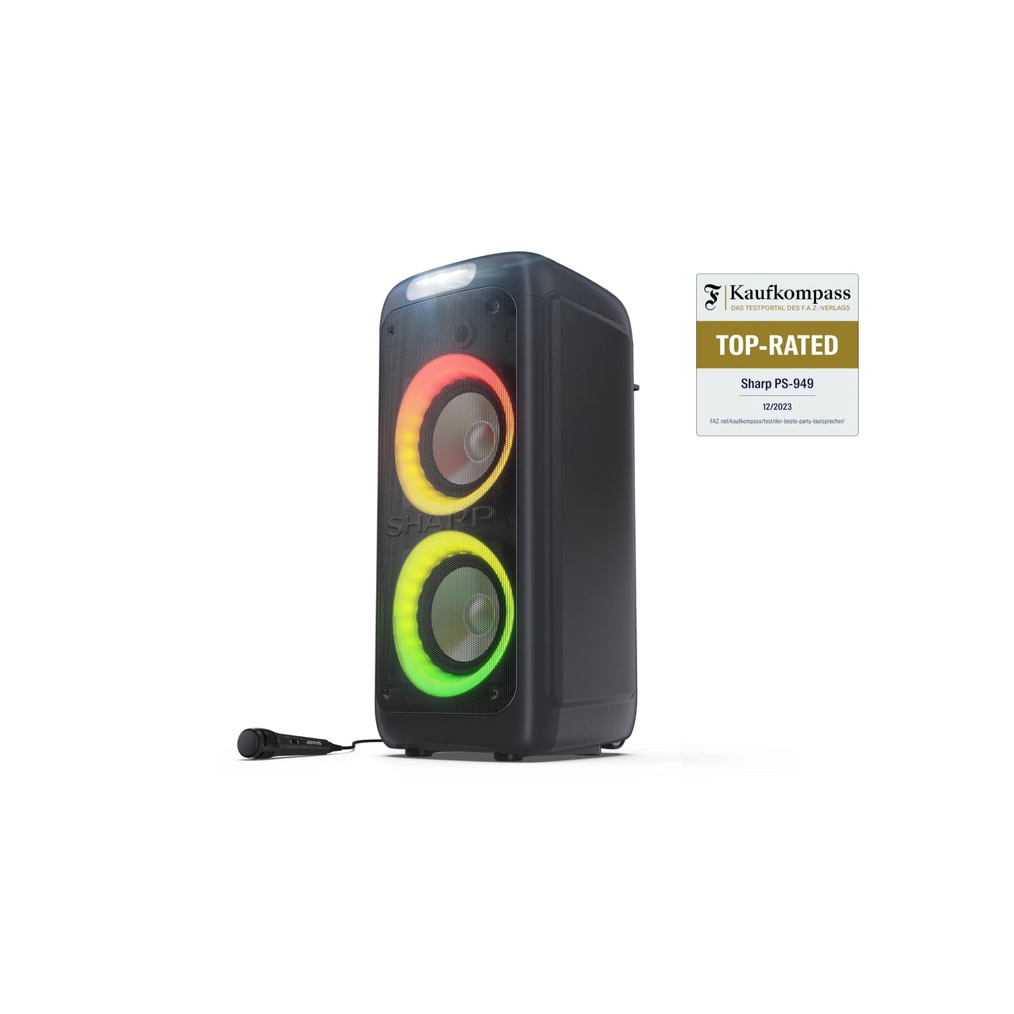 PS-949 – Fahrbarer Party Lautsprecher (132W) mit Bluetooth, Disco-Lichtern & DJ-Effekten – Spritzwassergeschützt (IPX4), Duo Mode, Mikrofon-/Gitarren-Eingänge, USB-Wiedergabe, 12 Std. Akku