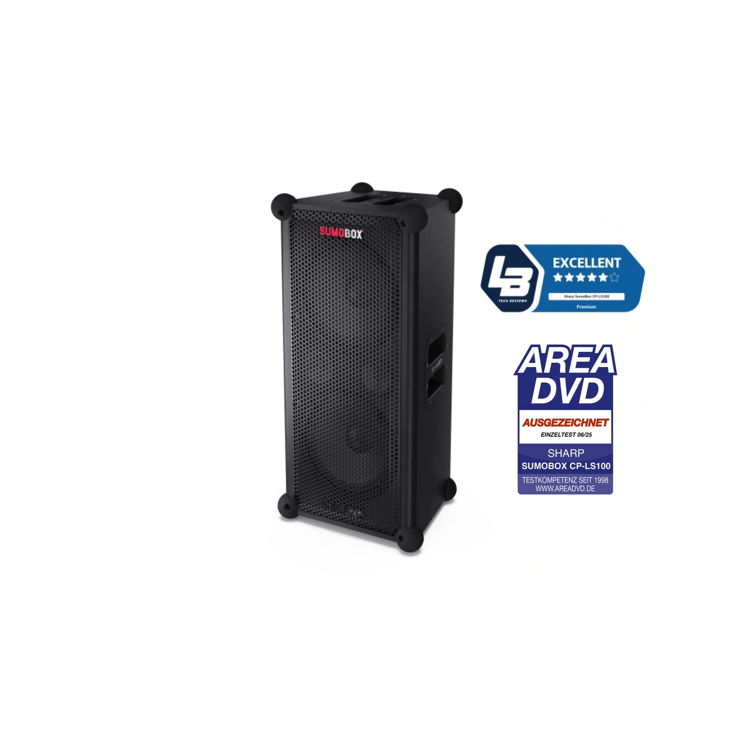 CP-LS100 SumoBox - tragbarer Party Lautsprecher Bluetooth (120W RMS, 105 dB, Akku 10h, XLR/TRS, Equalizer Indoor/Outdoor, TWS, Holzgehäuse, Devialet SAM®, App-Steuerung)