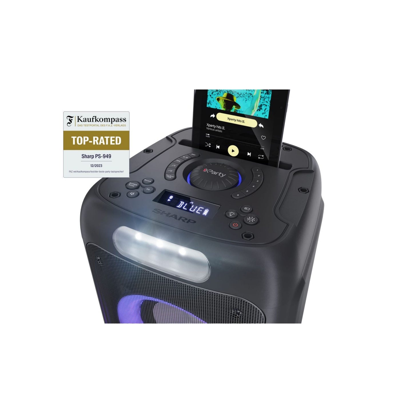 PS-949 – Fahrbarer Party Lautsprecher (132W) mit Bluetooth, Disco-Lichtern & DJ-Effekten – Spritzwassergeschützt (IPX4), Duo Mode, Mikrofon-/Gitarren-Eingänge, USB-Wiedergabe, 12 Std. Akku