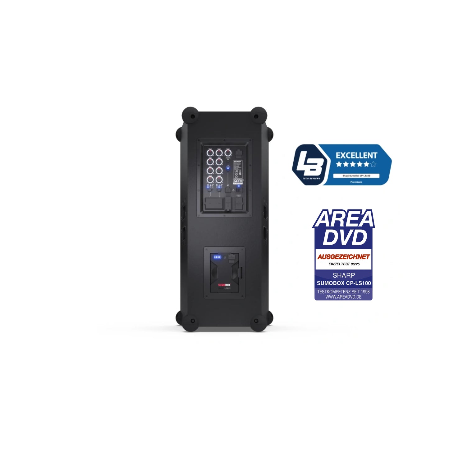 CP-LS100 SumoBox - tragbarer Party Lautsprecher Bluetooth (120W RMS, 105 dB, Akku 10h, XLR/TRS, Equalizer Indoor/Outdoor, TWS, Holzgehäuse, Devialet SAM®, App-Steuerung)