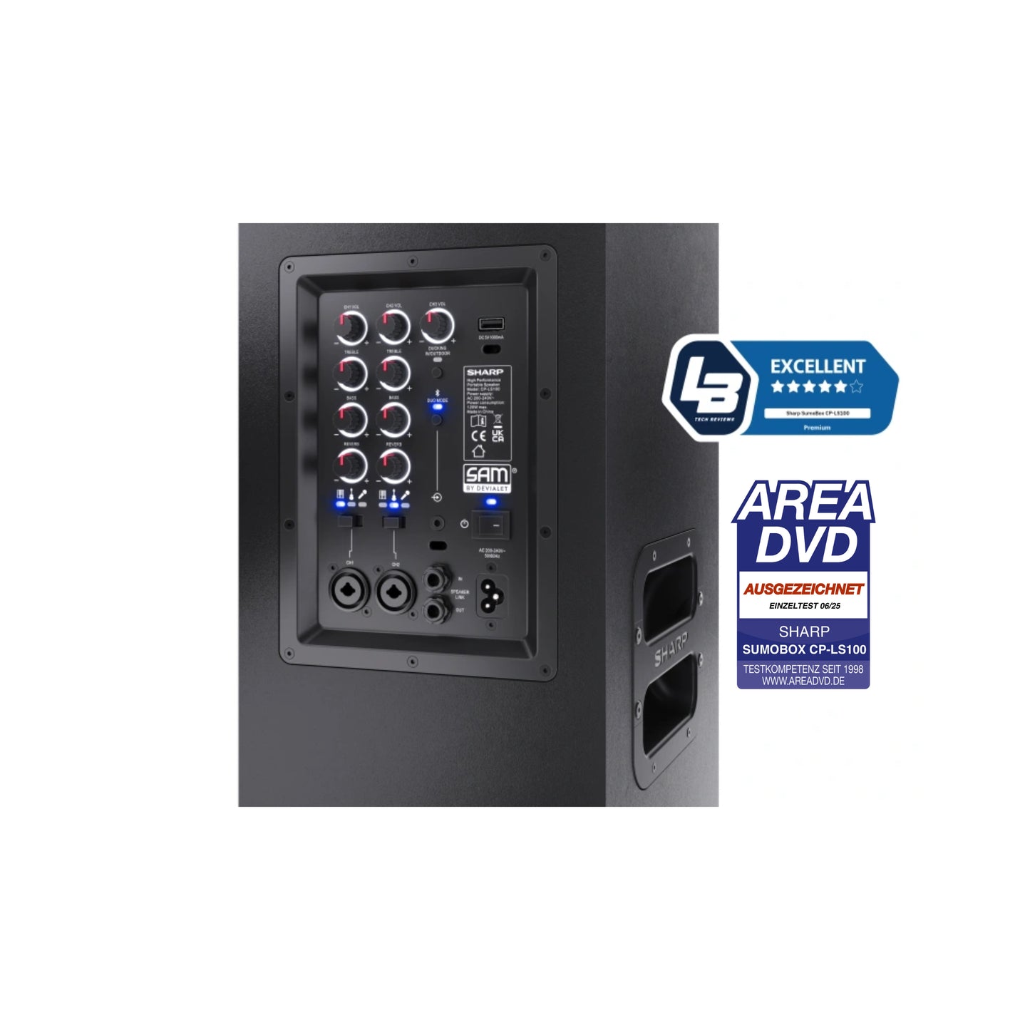 CP-LS100 SumoBox - tragbarer Party Lautsprecher Bluetooth (120W RMS, 105 dB, Akku 10h, XLR/TRS, Equalizer Indoor/Outdoor, TWS, Holzgehäuse, Devialet SAM®, App-Steuerung)