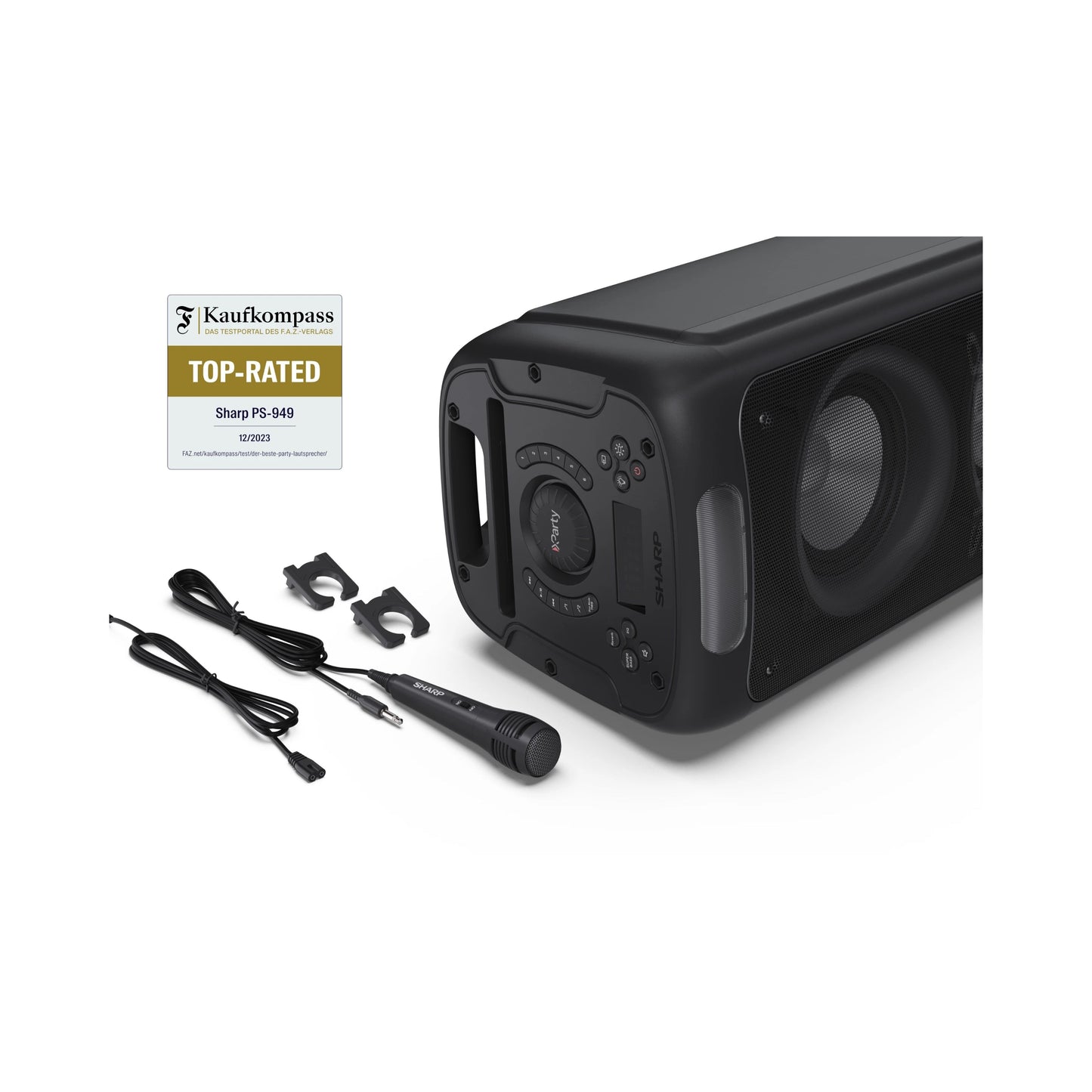 PS-949 – Fahrbarer Party Lautsprecher (132W) mit Bluetooth, Disco-Lichtern & DJ-Effekten – Spritzwassergeschützt (IPX4), Duo Mode, Mikrofon-/Gitarren-Eingänge, USB-Wiedergabe, 12 Std. Akku