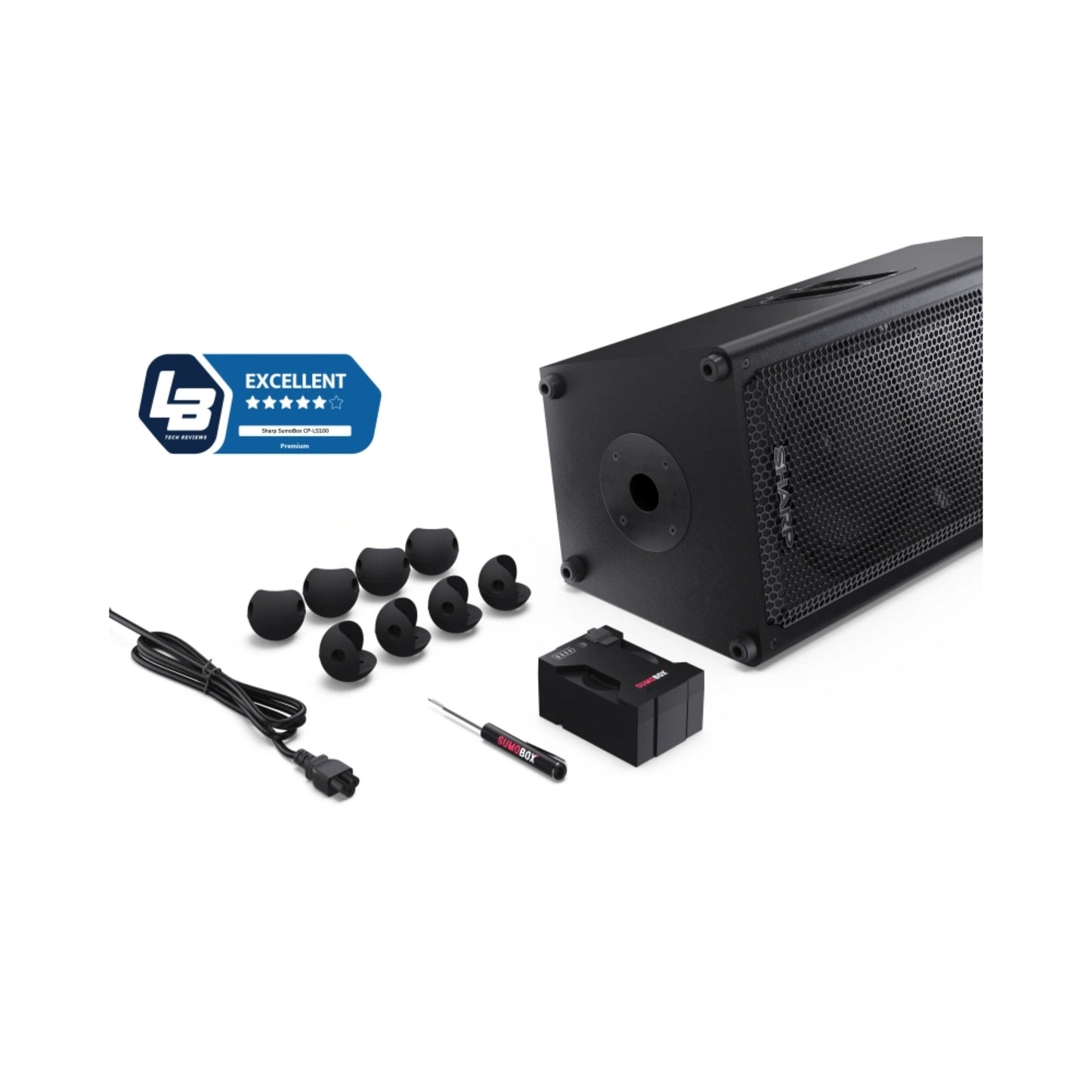 CP-LS100 SumoBox - tragbarer Party Lautsprecher Bluetooth (120W RMS, 105 dB, Akku 10h, XLR/TRS, Equalizer Indoor/Outdoor, TWS, Holzgehäuse, Devialet SAM®, App-Steuerung)