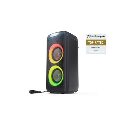 PS-949 – Fahrbarer Party Lautsprecher (132W) mit Bluetooth, Disco-Lichtern & DJ-Effekten – Spritzwassergeschützt (IPX4), Duo Mode, Mikrofon-/Gitarren-Eingänge, USB-Wiedergabe, 12 Std. Akku