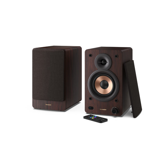 CP-SS30(BR) – Regallautsprecher (60W RMS, 2-Wege-Aktivboxen) mit Bluetooth 5.0 – Holzgehäuse, USB-, RCA-, AUX- & optischer Eingang, abnehmbare Gitter, 5 Equalizer-Modi