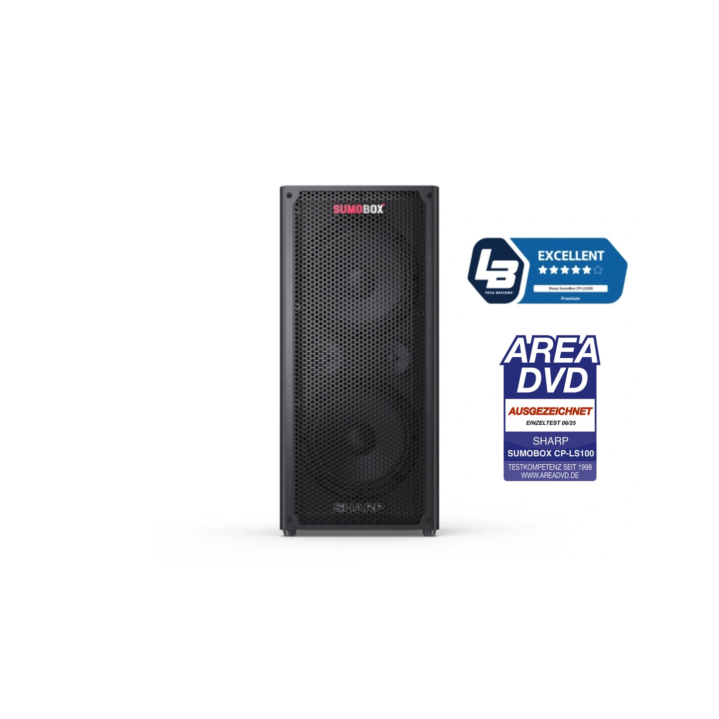 CP-LS100 SumoBox - tragbarer Party Lautsprecher Bluetooth (120W RMS, 105 dB, Akku 10h, XLR/TRS, Equalizer Indoor/Outdoor, TWS, Holzgehäuse, Devialet SAM®, App-Steuerung)